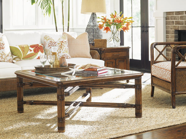 Lexington Tommy Bahama Home Capri Square Cocktail Table - Elegant Tropical Design With Glass Top And Decorative Rattan Details Caribbean Sunset  593-947