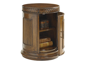 Lexington Tommy Bahama Home Belize Round End Table - Exquisite Caribbean Design With Woven Rattan, Cherry Veneer & Adjustable Shelf Caribbean Sunset  593-950