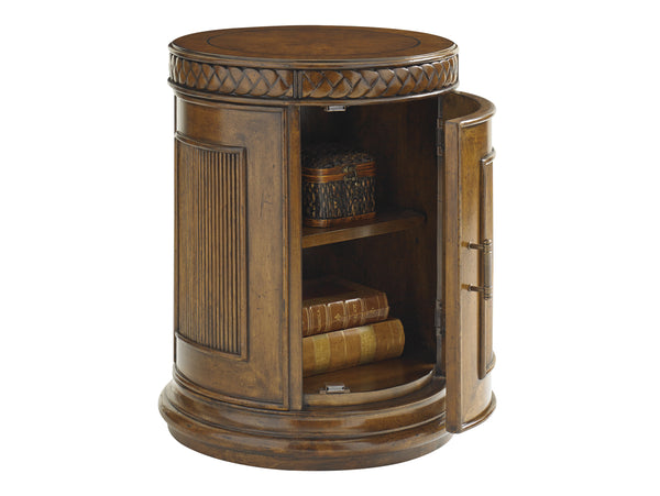 Lexington Tommy Bahama Home Belize Round End Table - Exquisite Caribbean Design With Woven Rattan, Cherry Veneer & Adjustable Shelf Caribbean Sunset  593-950