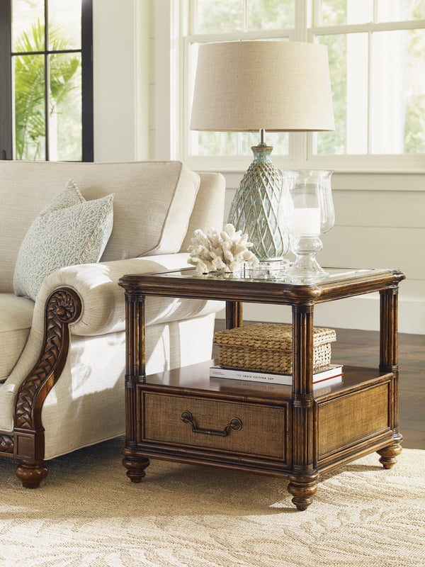 Lexington Tommy Bahama Home Bimini End Table: Elegant Island-inspired Design With Glass Top, Storage Drawer, And Open Shelf Caribbean Sunset  593-955