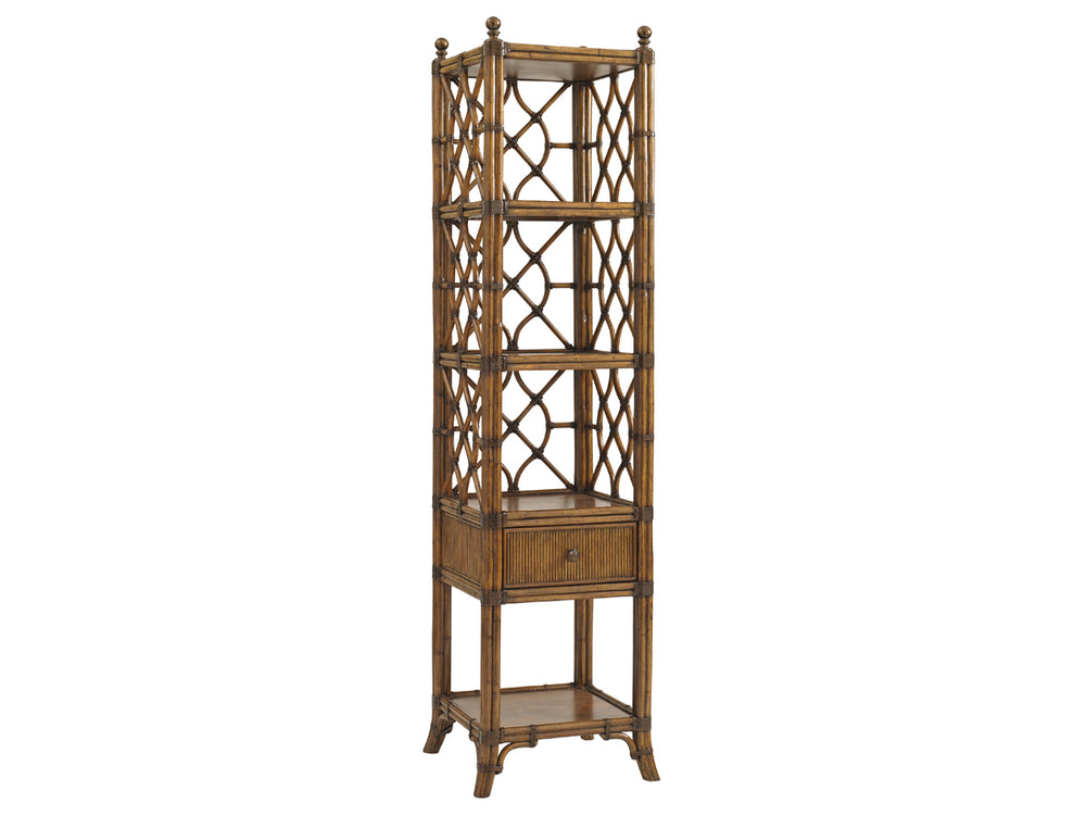 Lexington Tommy Bahama Home Atlantis Etagere - Elegant Storage Solution With Leather-wrapped Rattan, Antique Brass Finials & Shelves Caribbean Sunset  593-990