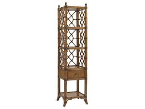 Lexington Tommy Bahama Home Atlantis Etagere - Elegant Storage Solution With Leather-wrapped Rattan, Antique Brass Finials & Shelves Caribbean Sunset  593-990