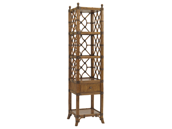 Lexington Tommy Bahama Home Atlantis Etagere - Elegant Storage Solution With Leather-wrapped Rattan, Antique Brass Finials & Shelves Caribbean Sunset  593-990