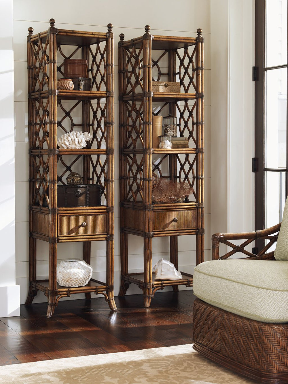 Lexington Tommy Bahama Home Atlantis Etagere - Elegant Storage Solution With Leather-wrapped Rattan, Antique Brass Finials & Shelves Caribbean Sunset  593-990