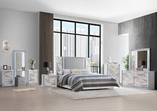 English Elm MOON Marble Nightstand with LED Lighting, White Marble Finish, Solid Wood + MDF, High Gloss Chrome Accents B201P226356