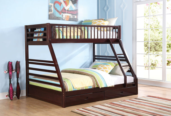 English Elm Jason Twin/Full Bunk Bed with Built-In Storage Drawers, Solid Wood Frame, Slatted Guardrail Design Espresso 85.5 L x 20.1 W x 12.4 H B2726S00488