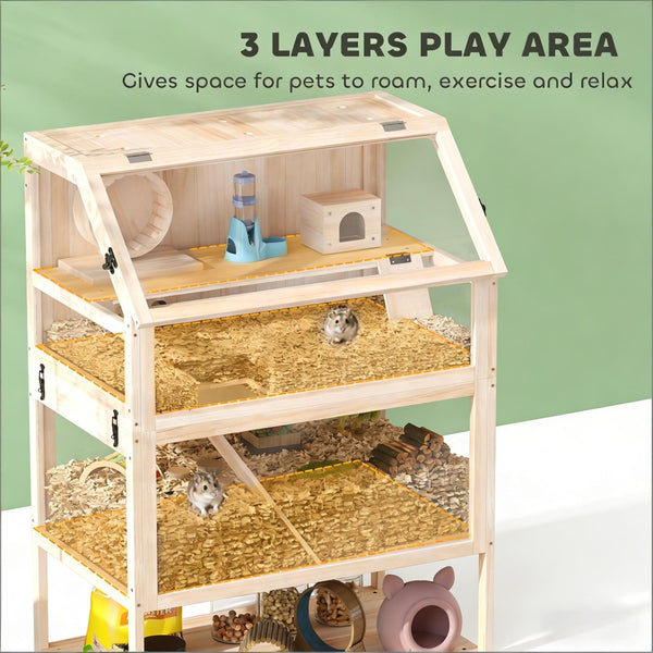 English Elm Pet Habitat Three Level Fir Wood Acrylic Enclosure with Ramps for Small Rodents T3971P440229