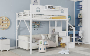 English Elm Full Size Loft Bed With Integrated Wardrobe, Stairs, House-Shaped Guardrails & Space-Saving Design W2593S00037