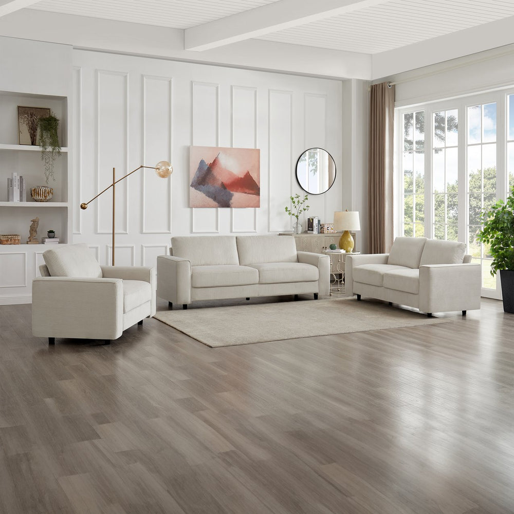 English Elm Modern Minimalist Corduroy Sectional Sofa Set - Cozy 3-Piece Beige Design For Stylish Living Spaces B347S00005