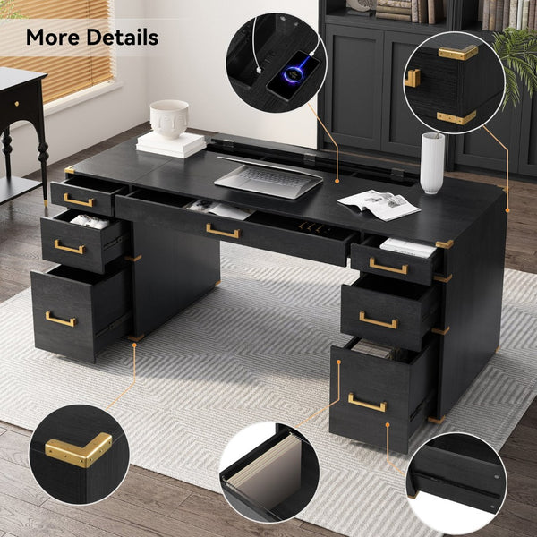 English Elm 70" Executive Writing Desk with Gold Metal Trim Seven Drawers and Built-in Power Outlets N751S376579B