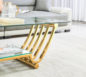 English Elm 47" Modern Rectangle Coffee Table With Double-Layer Glass Shelves, Stylish Gold Frame & Storage Solution W2978S00013