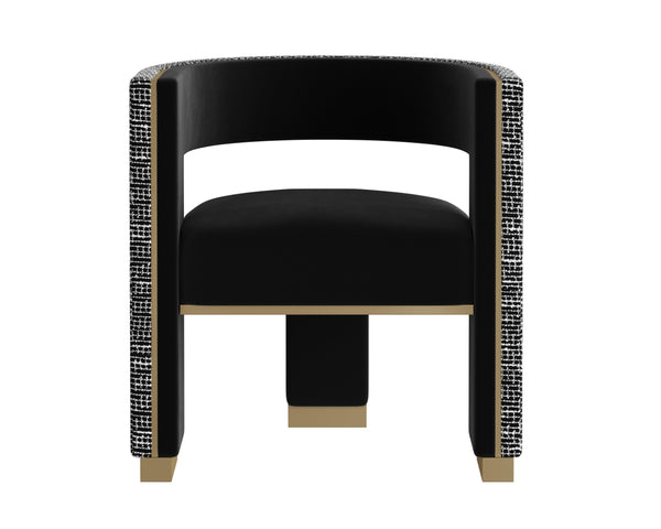 Sunpan Adamina Dining Armchair - Stylish Three-legged Design With Gold Accents In Abbington Black & Hobbes Night Black Fabric 112127