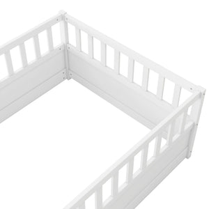 English Elm Twin Montessori Floor Bed Frame With Safety Barrier & Child-Friendly Door - Cozy White Design! W1858P164923-GIGA