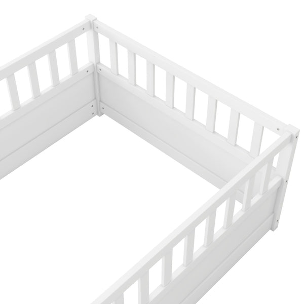 English Elm Twin Montessori Floor Bed Frame With Safety Barrier & Child-Friendly Door - Cozy White Design! W1858P164923-GIGA