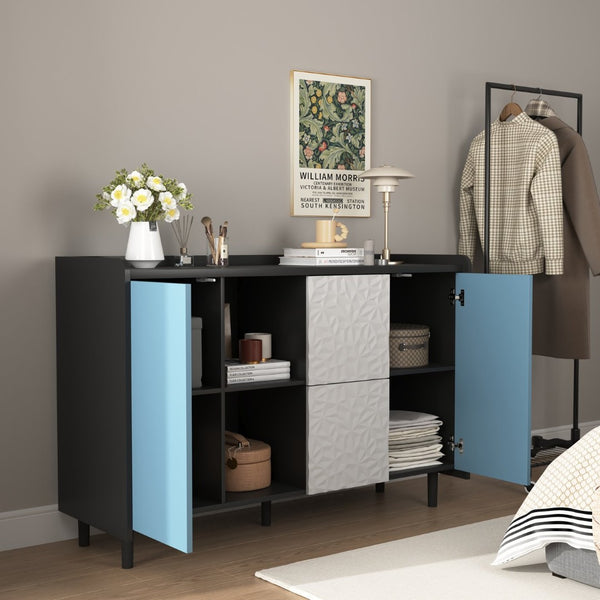 English Elm Sideboard Buffet Cabinet - Modern Black & Blue Storage Solution With Drawers For Dining & Kitchen Decor W409P176594-GIGA
