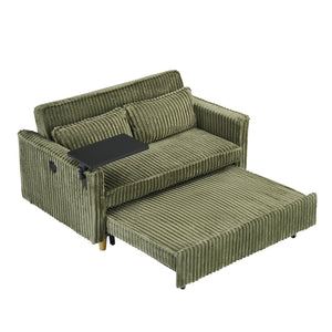 English Elm The pull-out green corduroy sofa with USB ports, movable tabletop and roll-out bed for living rooms W3371P302294