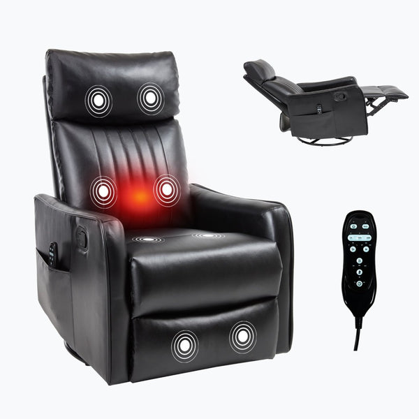 English Elm Blue Fabric Swivel Rocker Recliner with Massage Heat Nodes for Living Room Comfort Black Pu W1803P321812