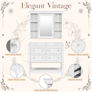 English Elm 36'' Modern Bathroom Vanity with Ceramic Sink and Medicine Cabinet, Solid Wood Frame, 4 Drawers, Waterproof Finish White SW000138AAK-1