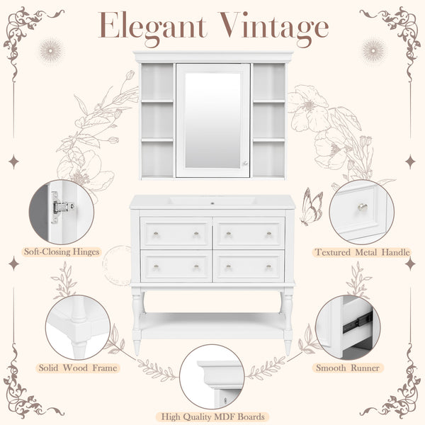 English Elm 36'' Modern Bathroom Vanity with Ceramic Sink and Medicine Cabinet, Solid Wood Frame, 4 Drawers, Waterproof Finish White SW000138AAK-1