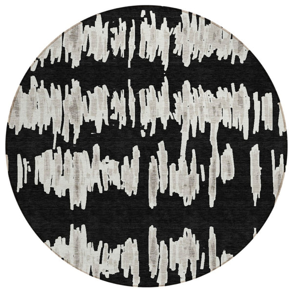 HomeRoots 5' Black Ivory Gray Striped Area Rug - Stylish, Washable, Durable Indoor/Outdoor Design for Any Space 8' Round 594000