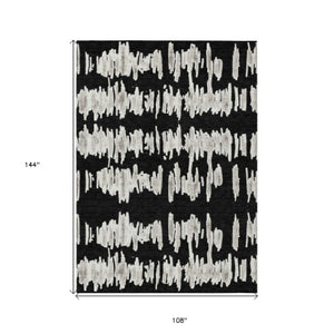 Homeroots 3' Stylish Black Ivory And Gray Striped Washable Area Rug For Indoor And Outdoor Versatility 9' X 12' Polyester 594002