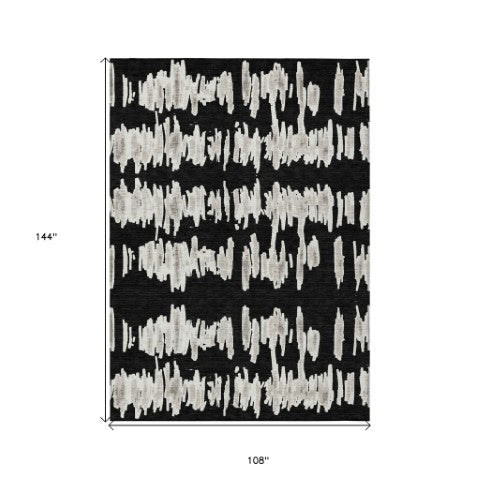 Homeroots 3' Stylish Black Ivory And Gray Striped Washable Area Rug For Indoor And Outdoor Versatility 9' X 12' Polyester 594002