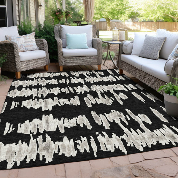 Homeroots 3' Stylish Black Ivory And Gray Striped Washable Area Rug For Indoor And Outdoor Versatility 10' X 14' Polyester 594003