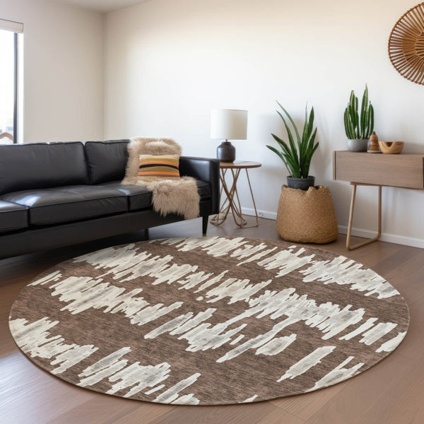 Homeroots 3' Stylish Black Ivory And Gray Striped Washable Area Rug For Indoor And Outdoor Versatility 8' Round Polyester 594006