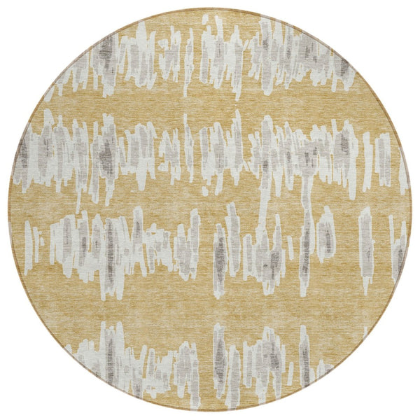 HomeRoots 5' Gold Gray and Ivory Striped Washable Area Rug – Durable, Stylish Design for Indoor/Outdoor Use 8' Round 594018