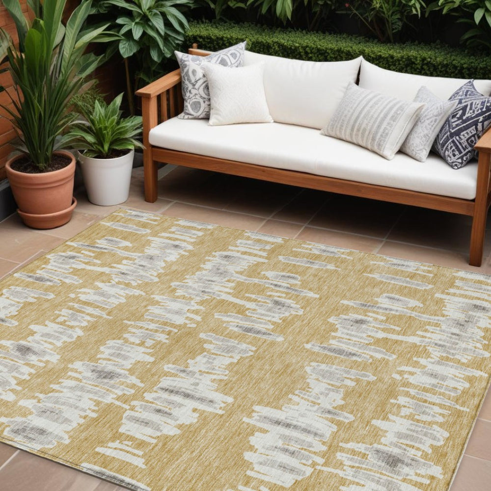HomeRoots 9' Striped Indoor Outdoor Area Rug - Durable, Easy-Care Design in Gold, Gray, and Ivory for Any Space 9' X 12' 594020
