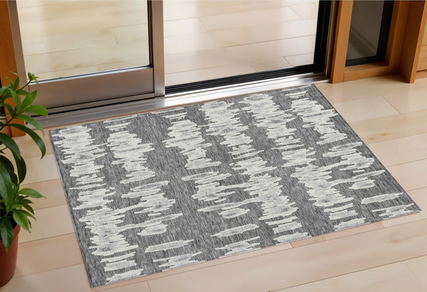 Homeroots 3' Stylish Black Ivory And Gray Striped Washable Area Rug For Indoor And Outdoor Versatility 3' X 5' Polyester 594022
