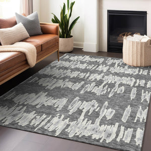 Homeroots 3' Stylish Black Ivory And Gray Striped Washable Area Rug For Indoor And Outdoor Versatility 3' X 5' Polyester 594022