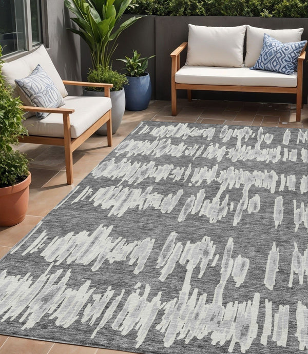 Homeroots 3' Stylish Black Ivory And Gray Striped Washable Area Rug For Indoor And Outdoor Versatility 5' X 8' Polyester 594023
