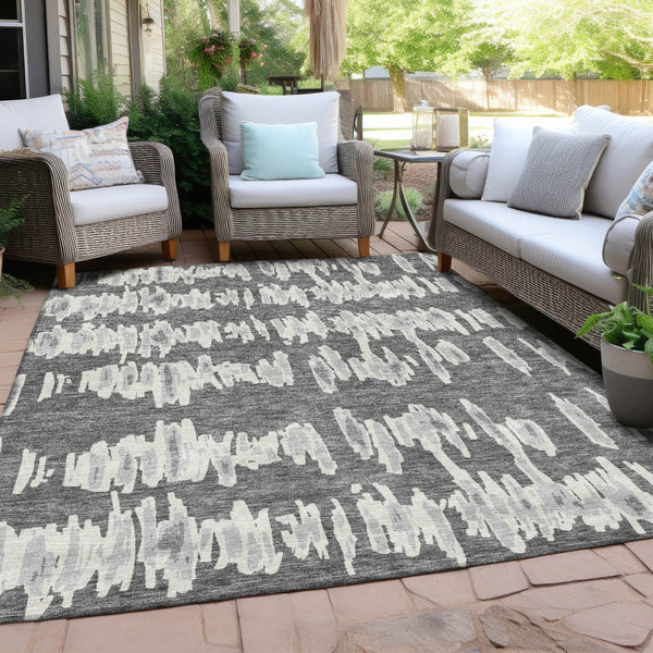 Homeroots 3' Stylish Black Ivory And Gray Striped Washable Area Rug For Indoor And Outdoor Versatility 5' X 8' Polyester 594023