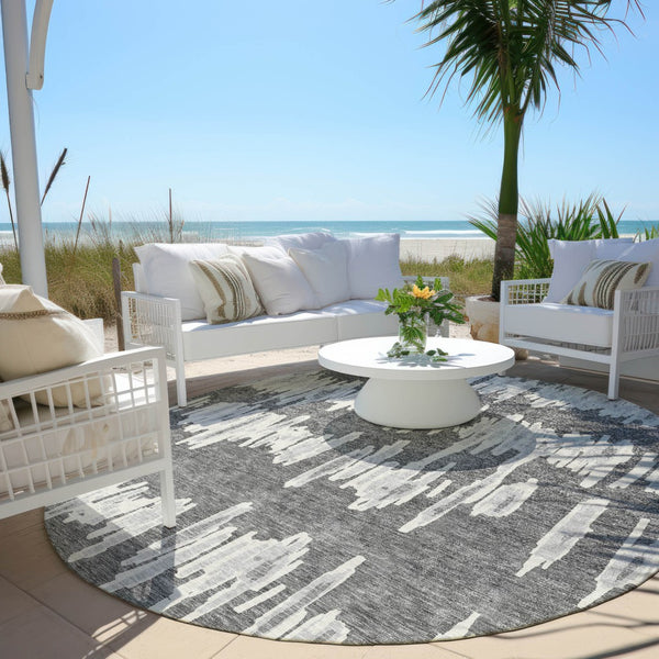 Homeroots 3' Stylish Black Ivory And Gray Striped Washable Area Rug For Indoor And Outdoor Versatility 8' Round Polyester 594024