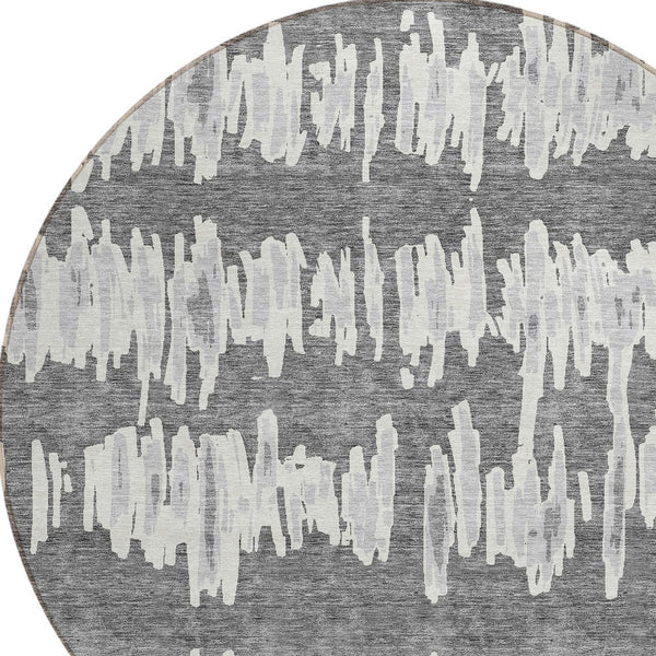 Homeroots 3' Stylish Black Ivory And Gray Striped Washable Area Rug For Indoor And Outdoor Versatility 8' Round Polyester 594024