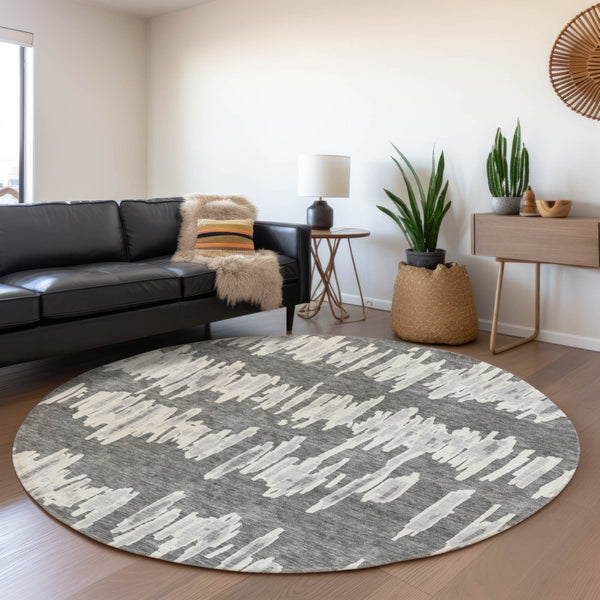 Homeroots 3' Stylish Black Ivory And Gray Striped Washable Area Rug For Indoor And Outdoor Versatility 8' Round Polyester 594024