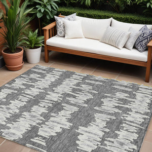 Homeroots 3' Stylish Black Ivory And Gray Striped Washable Area Rug For Indoor And Outdoor Versatility 8' X 10' Polyester 594025