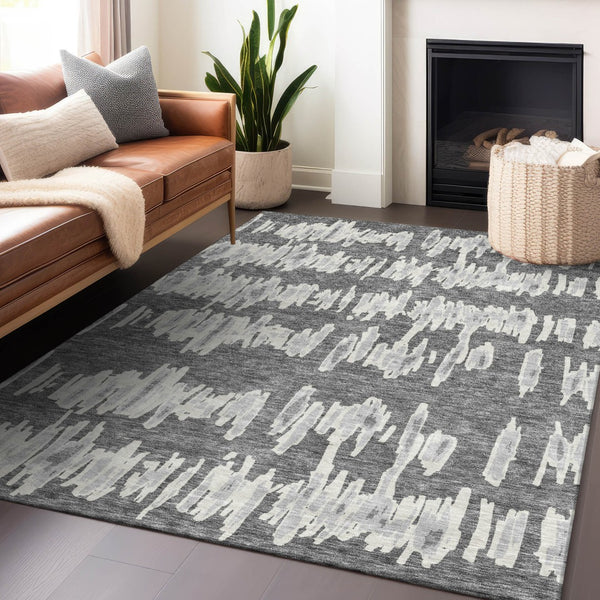 Homeroots 3' Stylish Black Ivory And Gray Striped Washable Area Rug For Indoor And Outdoor Versatility 8' X 10' Polyester 594025