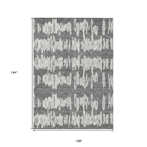 Homeroots 3' Stylish Black Ivory And Gray Striped Washable Area Rug For Indoor And Outdoor Versatility 9' X 12' Polyester 594026