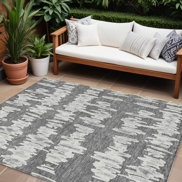 Homeroots 3' Stylish Black Ivory And Gray Striped Washable Area Rug For Indoor And Outdoor Versatility 10' X 14' Polyester 594027