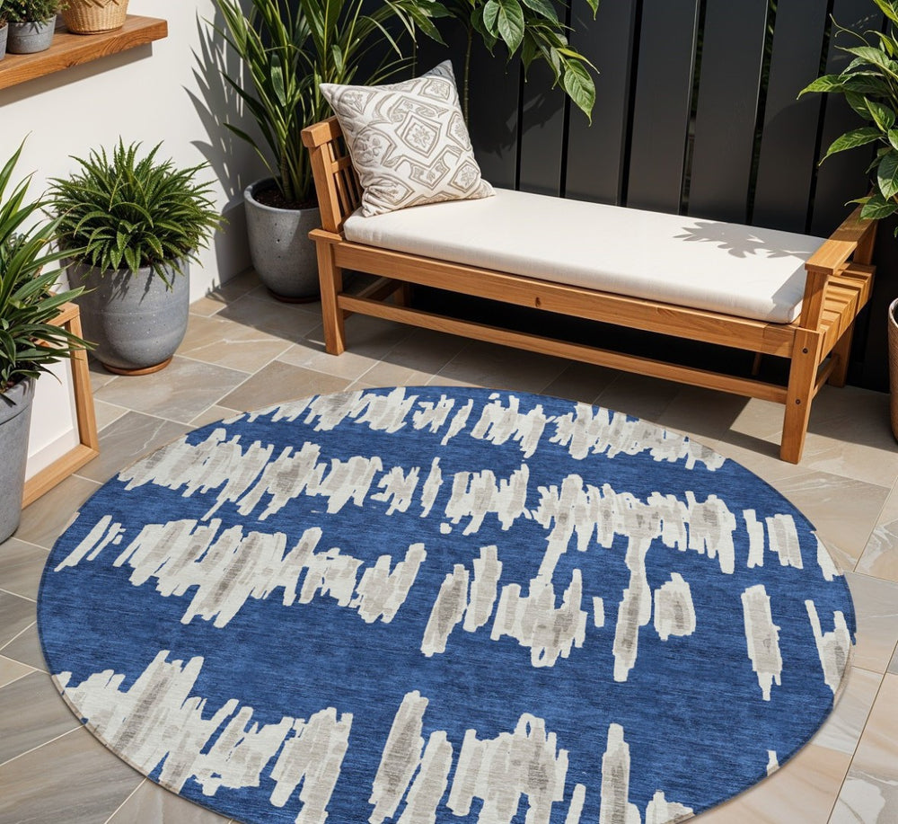 HomeRoots 5' Stylish Navy Blue Gray Ivory Striped Washable Area Rug for Indoor and Outdoor Charm & Durability 8' Round 594036