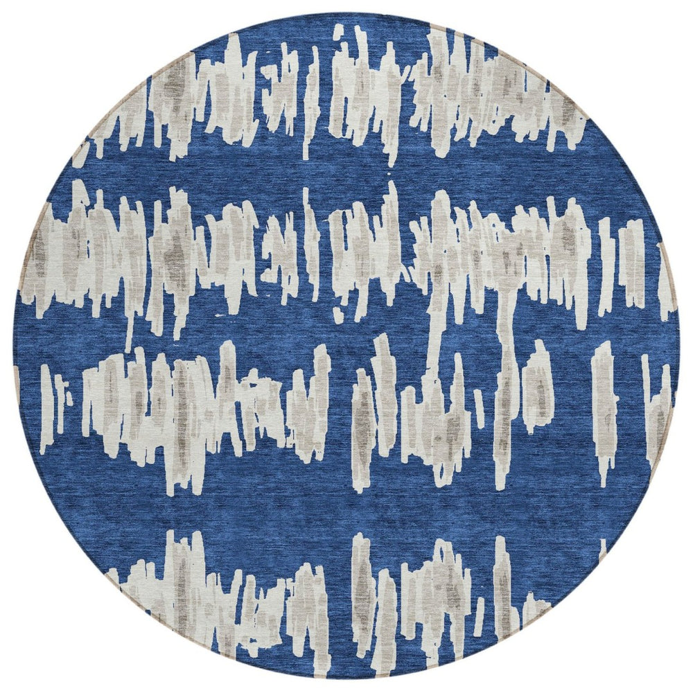 HomeRoots 5' Stylish Navy Blue Gray Ivory Striped Washable Area Rug for Indoor and Outdoor Charm & Durability 8' Round 594036