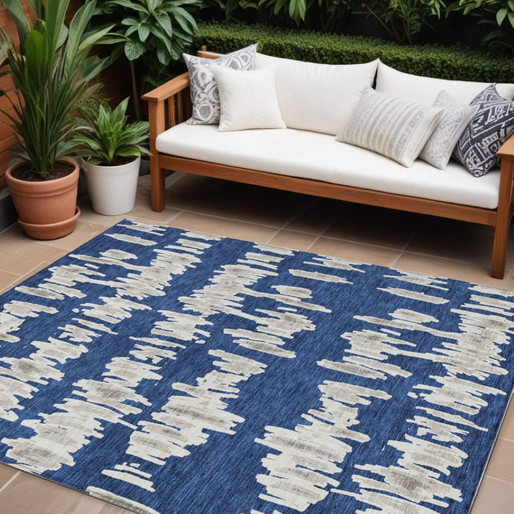 HomeRoots 9' Durable Striped Area Rug in Navy, Gray & Ivory - Washable, Water-Resistant for Indoor & Outdoor Use 9' X 12' 594038