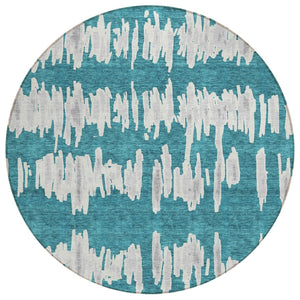 HomeRoots 5' Durable Teal Blue and Gray Striped Area Rug - Stylish, Washable for Indoor and Outdoor Use 8' Round 594066
