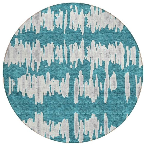 HomeRoots 5' Durable Teal Blue and Gray Striped Area Rug - Stylish, Washable for Indoor and Outdoor Use 8' Round 594066