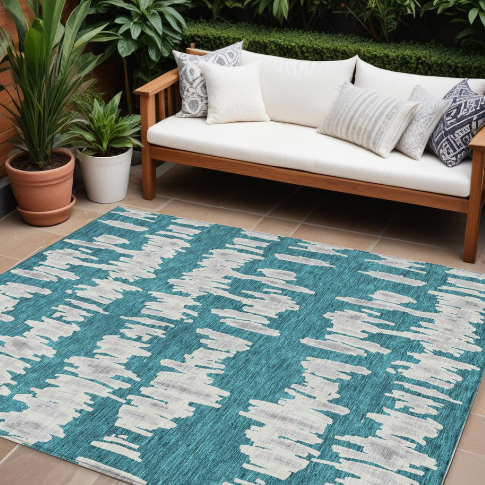 HomeRoots 5' Durable Teal Blue and Gray Striped Area Rug - Stylish, Washable for Indoor and Outdoor Use 8' X 10' 594067