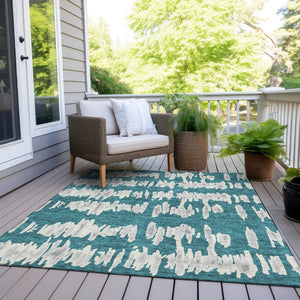 HomeRoots 5' Durable Teal Blue and Gray Striped Area Rug - Stylish, Washable for Indoor and Outdoor Use 8' X 10' 594067