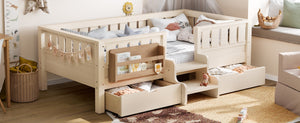 English Elm Twin Kids Storage Bed with Bookshelf Headboard Safety Staircase and Under Drawers Beige W1580P379183