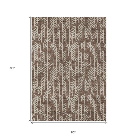 Homeroots 3' Beige And Ivory Tribal Washable Indoor Outdoor Area Rug - Durable, Stylish, Perfect For Any Space 5' X 8' Polyester 594089